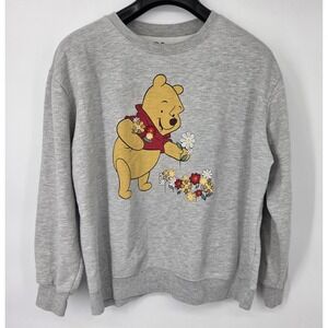 Disney Winnie the Pooh Picking Flowers Embroidery Gray Sweatshirt Womens XXL 2XL